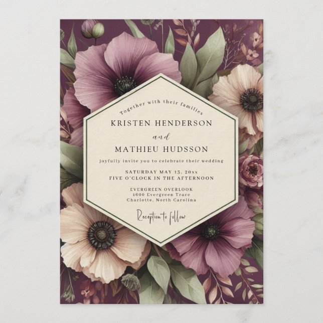 Damson Romantic Bloom Wedding Inbjudningar (Framsida)