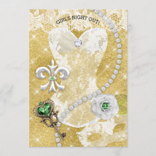 Damunderkläderpartymöhippan maskerar grönt vitguld inbjudningar