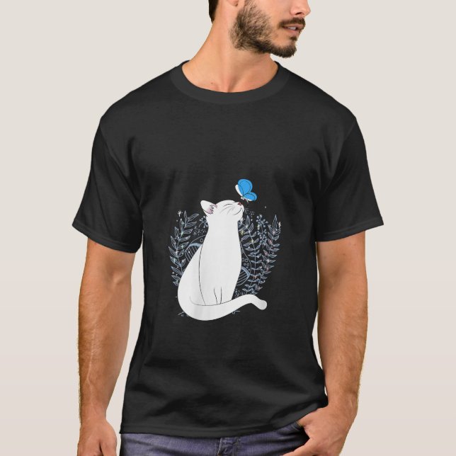Damvit katt och blå fjäril Djur Whimsic T Shirt (Framsida)