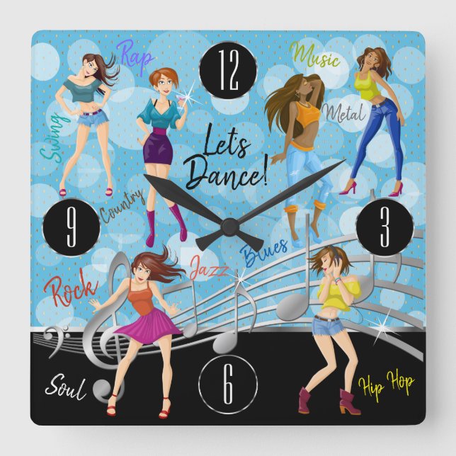 Dance All Nght Music Girl Design Fyrkantig Klocka (Framsida)