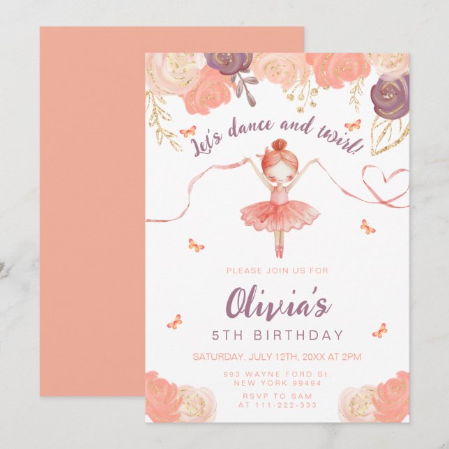 Dance and Twirl Blommigt Ballerina Girl Birthday Inbjudningar (Fram/baksida)