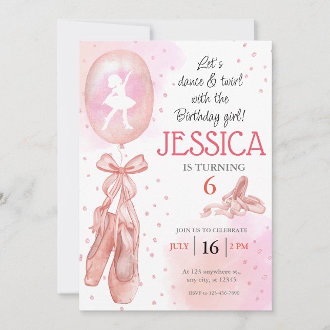 Dance and Twirl Rosa Girl Girl Girl Ballet Birthda Inbjudningar (Framsida)