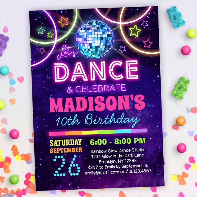 Dance Birthday Girls Neon Disco Dance Party Inbjudningar (Skapare uppladdad)