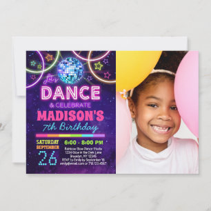 Dance Birthday Girls Neon Disco Dance Party Photo Inbjudningar