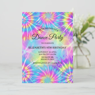 Dance Birthday Party Tie Dye Glow Dance Disco Inbjudningar