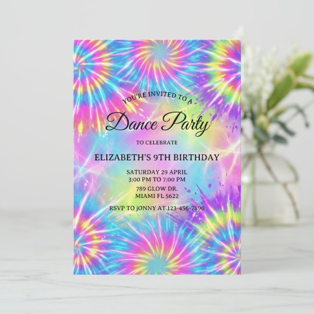 Dance Birthday Party Tie Dye Glow Dance Disco Inbjudningar (Stående Fram)