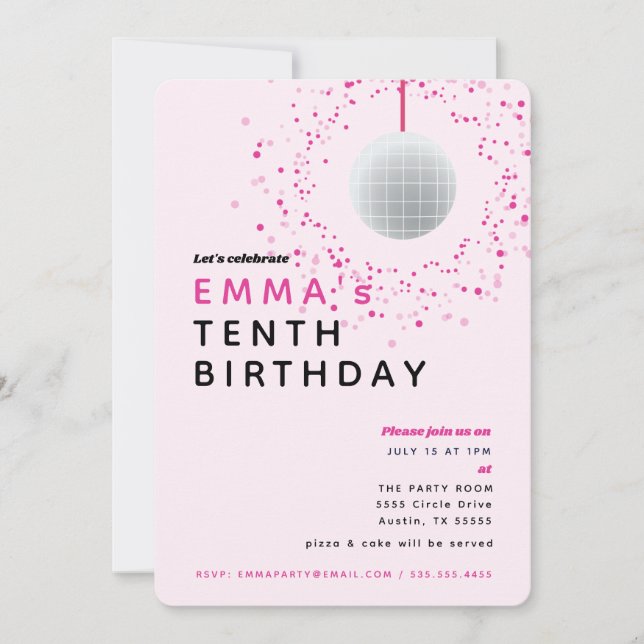 Dance Disco Boll Retro Birthday Rosa Black Party Inbjudningar (Framsida)