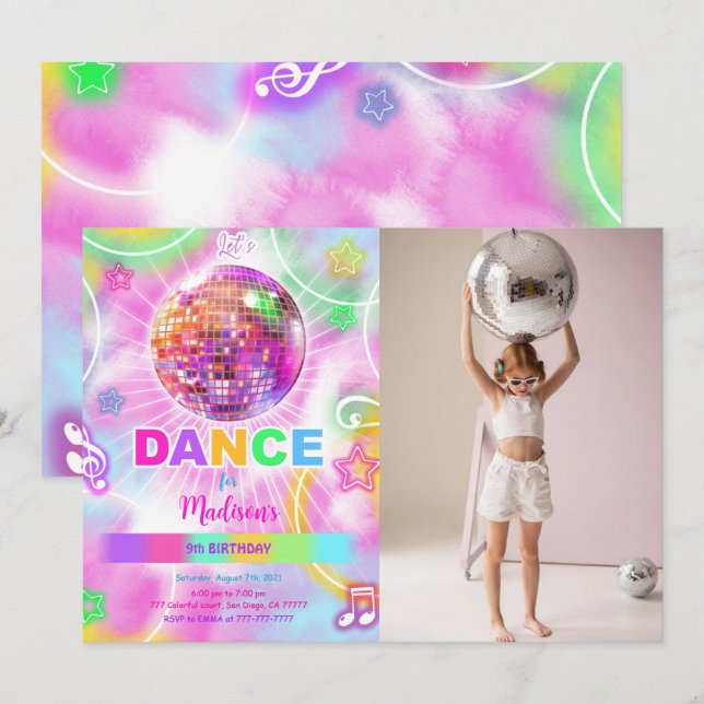 Dance Disco Party Neon Glow Photo Inbjudningar (Fram/baksida)