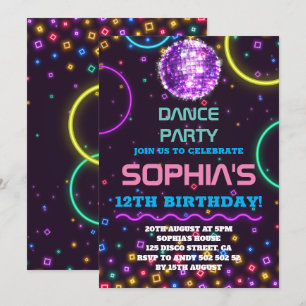Dance Party Birthday Glow Rainbow Disco Disco Boll Inbjudningar