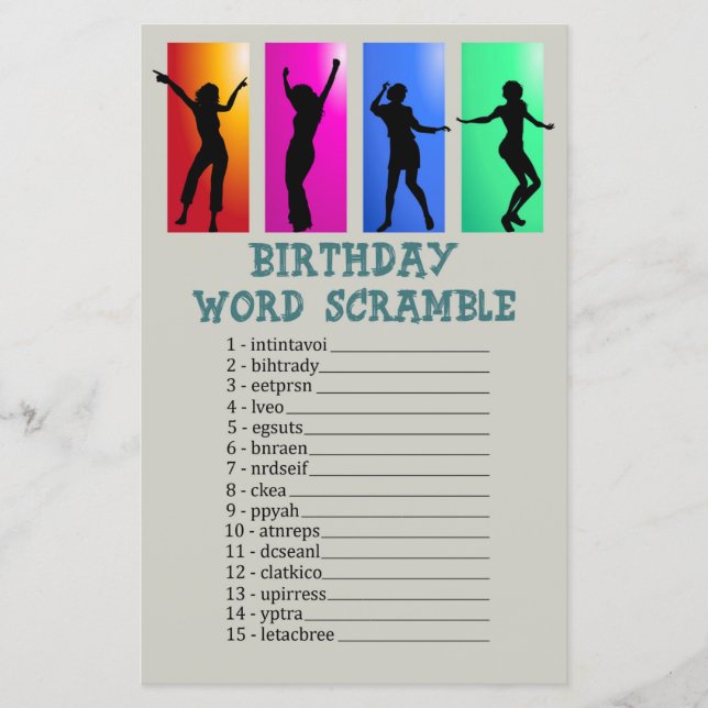 Dance party Birthday Ord Scramble Game (Framsida)