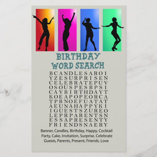 Dance party Birthday Ord Search Game (Framsida)