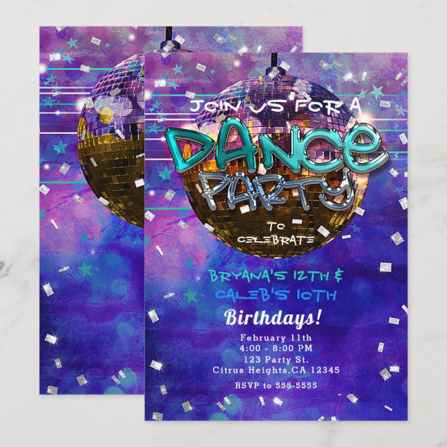 Dance Party Disco Boll Lila Coola  Birthday Inbjudningar (Fram/baksida)
