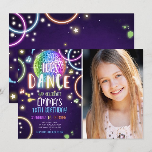 Dance Party Neon Glow Disco Birthday-inbjudan Inbjudningar (Fram/baksida)