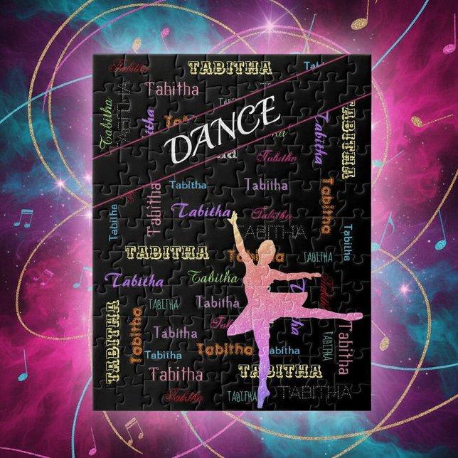 Dance Puzzle med Personlig Namn över Pussel (Personalized Name Dance Puzzle in Rainbow Colors with Ombre Ballerina)