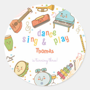Dance sjunga och play barns födelsedag runt klistermärke