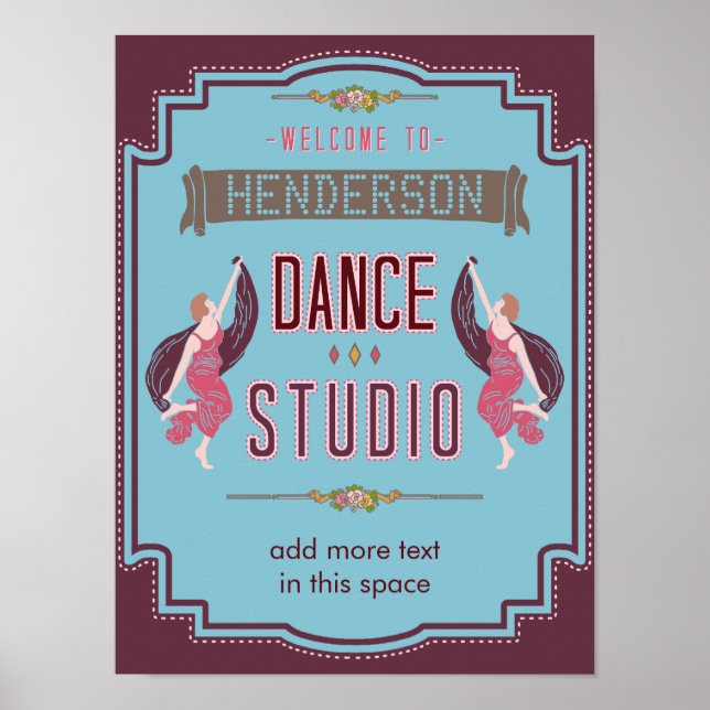 Dance Studio Personlig Namn Blue Retro Anpassnings Poster (Framsidan)