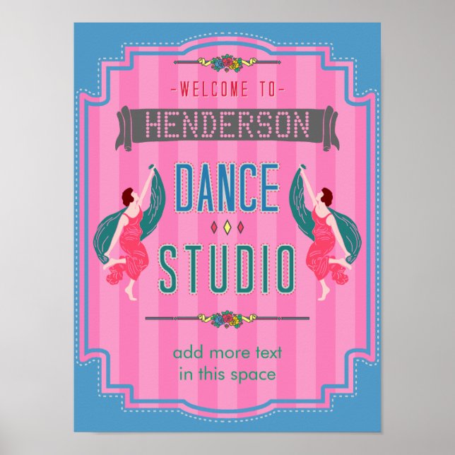 Dance Studio Personlig Namn Rosa Rand Retro  Poster (Framsidan)