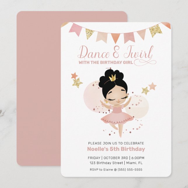 Dance & Twirl, Princess Ballerina Birthday Inbjudningar (Fram/baksida)