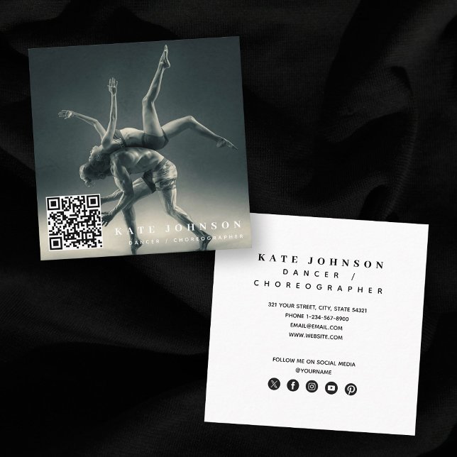 Dancer Choreograf Photo QR Code Social Media Fyrkantigt Visitkort (Dancer Choreographer Photo QR Code Social Media Square Business Card)