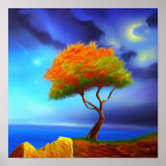 Dancing Autumn Träd på en Cliff Poster (Framsidan)