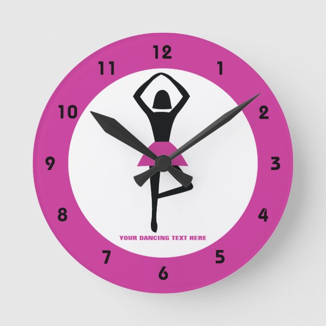 Dancing ballerina black, shock rosa anpassningsbar rund klocka (Framsida)