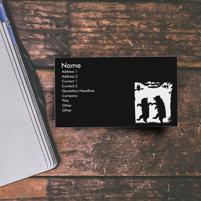 Dancing Bears Black Silhouette Visitkort (Two black bears dancing in woods under trees with owl on black business cards.)