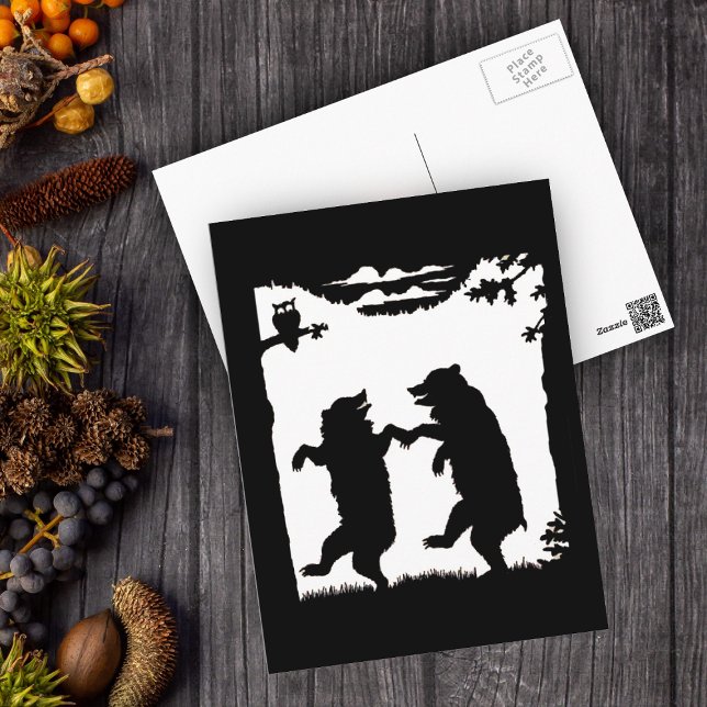 Dancing Bears Black Silhouette Vykort (Two black silhouette dancing bears in woods owl in tree on postcard.)