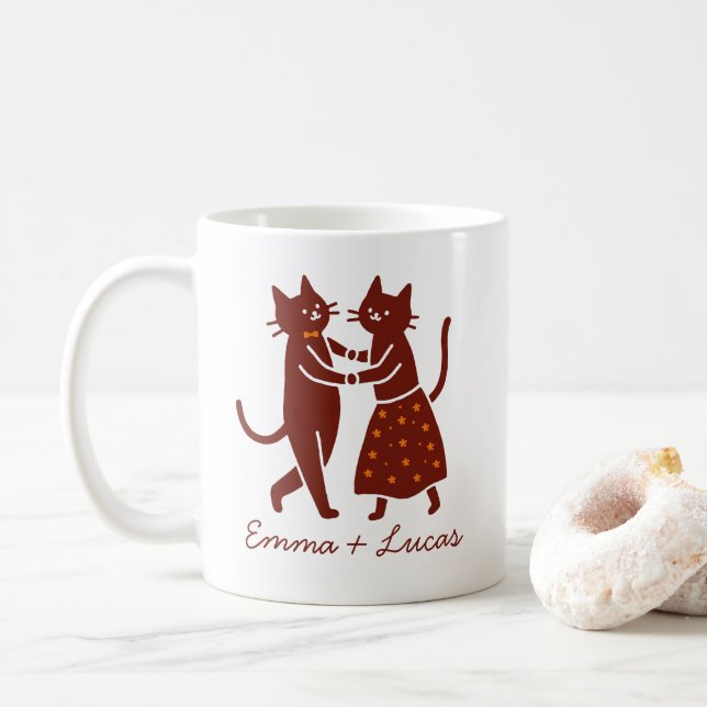 Dancing Cat Couple, Cute Wedding custom name Kaffemugg (Med munk)