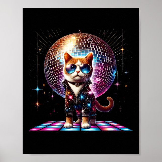 Dancing Cat Disco Boll Kitten Kattunge Älskare Fun Poster (Framsidan)