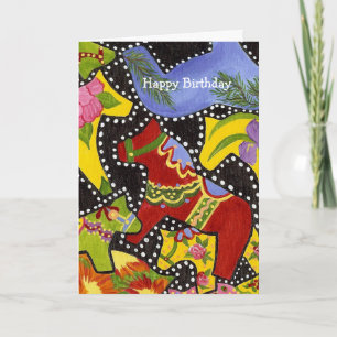 Dancing Dala Horses Birthday Card Kort