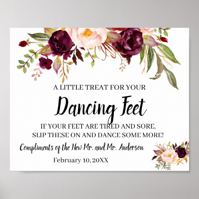 Dancing Feet Flip Flops Wedding MarsalaFlower Sign Poster (Framsidan)