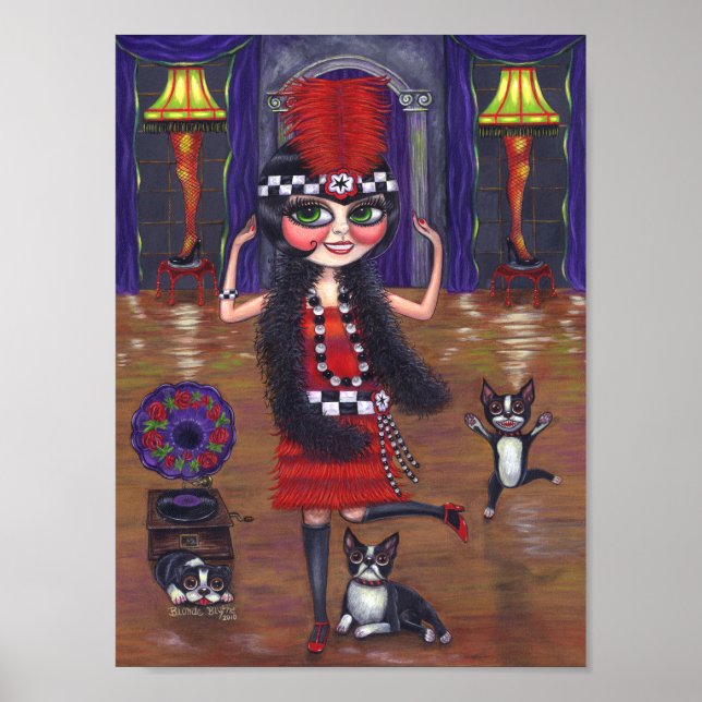 Dancing Flapper Girl Boston Terrier Hund Gramophon Poster (Framsidan)