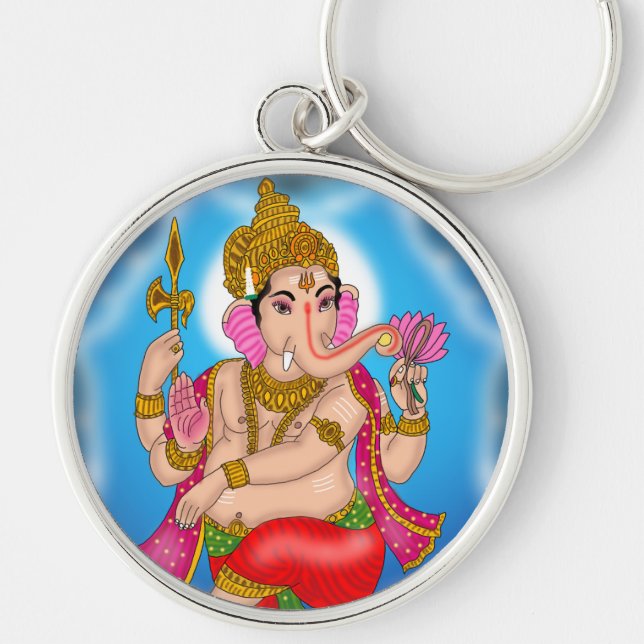 Dancing Ganesha Keychain Rund Silverfärgad Nyckelring (Framsidan)