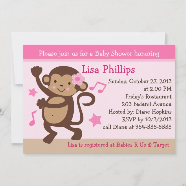 Dancing Girl Monkey Rocker Baby Shower-inbjudan Inbjudningar (Framsida)