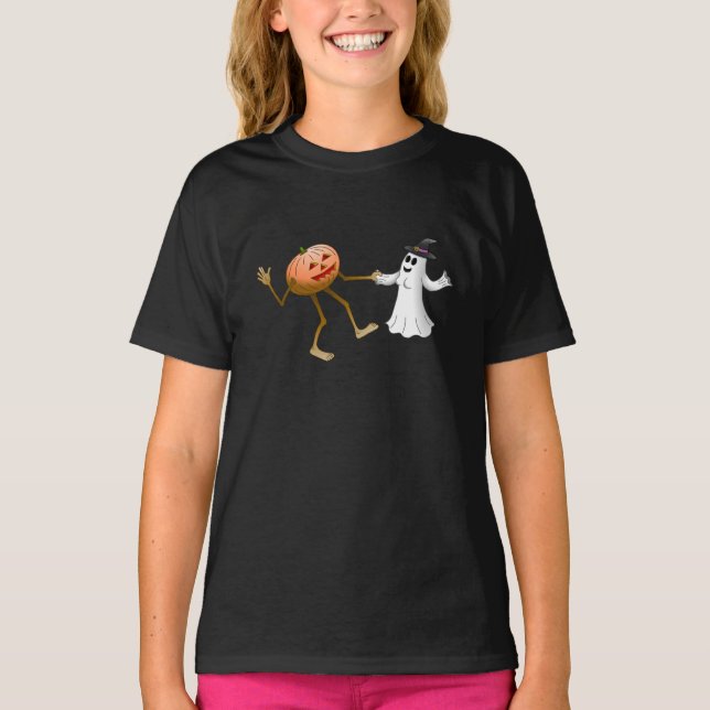 Dancing Halloween Pumpkin och Ghost T Shirt (Framsida)