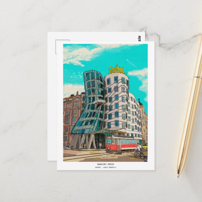 Dancing House Prag Czech Republic Whimsical Art Vykort (Fram/Back In Situ)