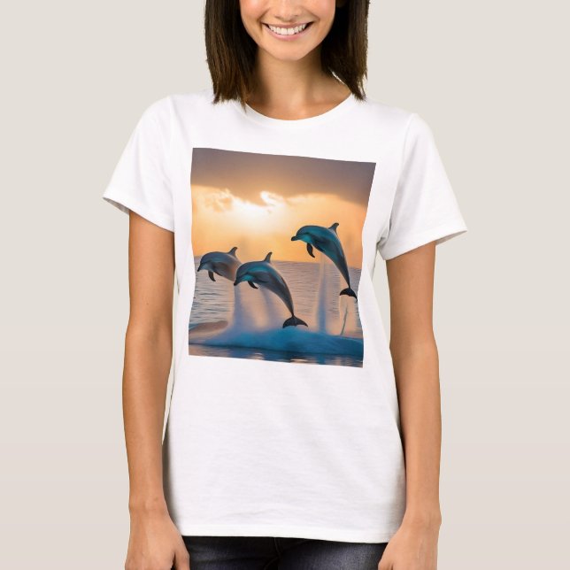 Dancing in the Dusk: Three Dolphins Leaping  T Shirt (Framsida)