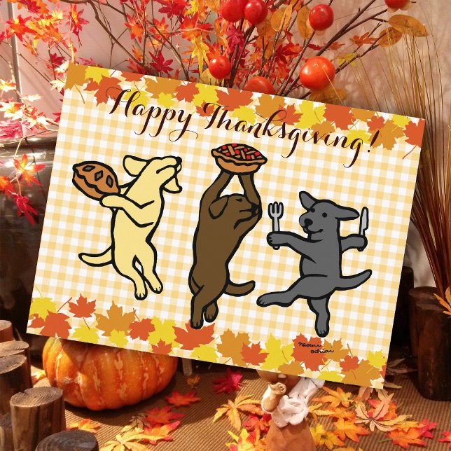 Dancing Labrador Trio Thanksgiving Helg Vykort (Dancing Labradors Trio Thanksgiving Postcard for Labrador Owners.  Cute three dogs cartoon design. )