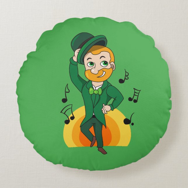 Dancing leprechaun, St. Patrick Day tecknad Rund Kudde (Framsidan)