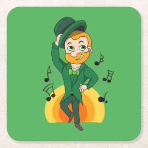 Dancing leprechaun, St. Patrick Day tecknad Underlägg Papper Kvadrat