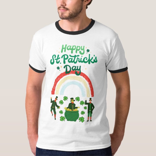 "Dancing Leprechaunss & Rainbow - St. Patrick's Da T Shirt (Framsida)