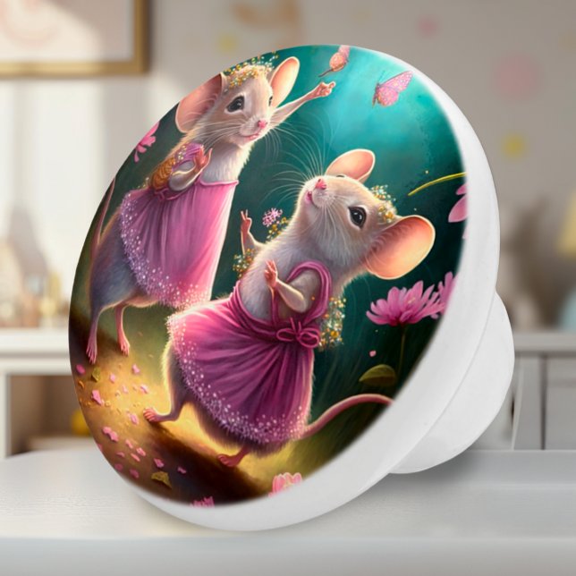 Dancing Mice - Personlig Fantasy Knopp (Ceramic Knob - Dancing Mice in Pink Dresses with Teal - Decor Accent for Girls Room or Nursery)