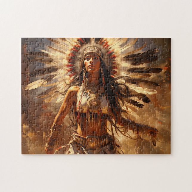Dancing Native American Woman in Headdress Pussel (Horisontell)