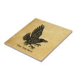 Dancing Norse Raven Kakelplatta<br><div class="desc">En enkel silhuettliknande bild av en livlig korv (Corvus corax,  gjord i Norse/Celtic stil,  som läggs ovanpå en gammal papper bakgrundsbild,  ge en medeltida känsla. Anpassa genom att lägga till egen text.</div>