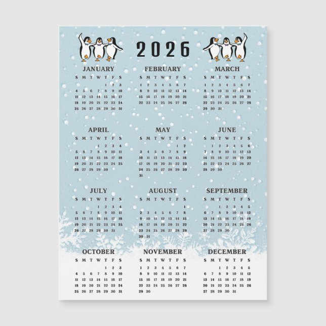 Dancing Penguins 2026 Calendar Magnetic Card (Framsida)