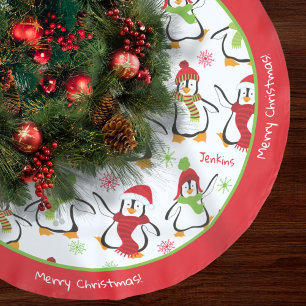 Dancing Penguins Red and Grönt Mönster jul Julgransmatta Borstad Polyester