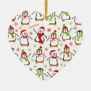 Dancing Penguins Red and Grönt Mönster jul Julgransprydnad Keramik