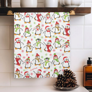 Dancing Penguins Red and Grönt Mönster jul Kökshandduk