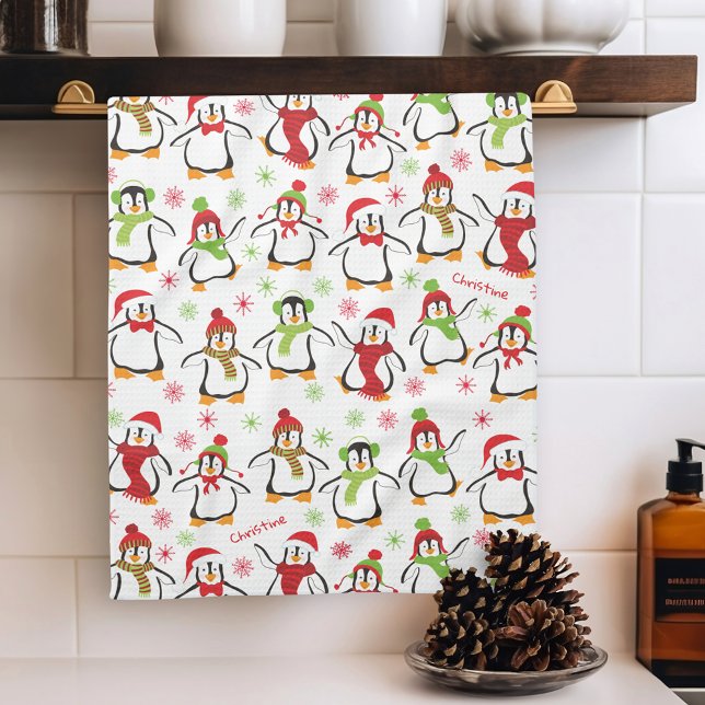 Dancing Penguins Red and Grönt Mönster jul Kökshandduk (Skapare uppladdad)