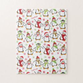 Dancing Penguins Red and Grönt Mönster jul Pussel